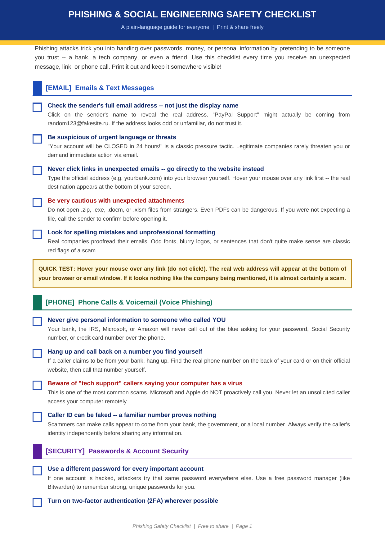 Preview of the Phishing & Social Engineering Safety Checklist